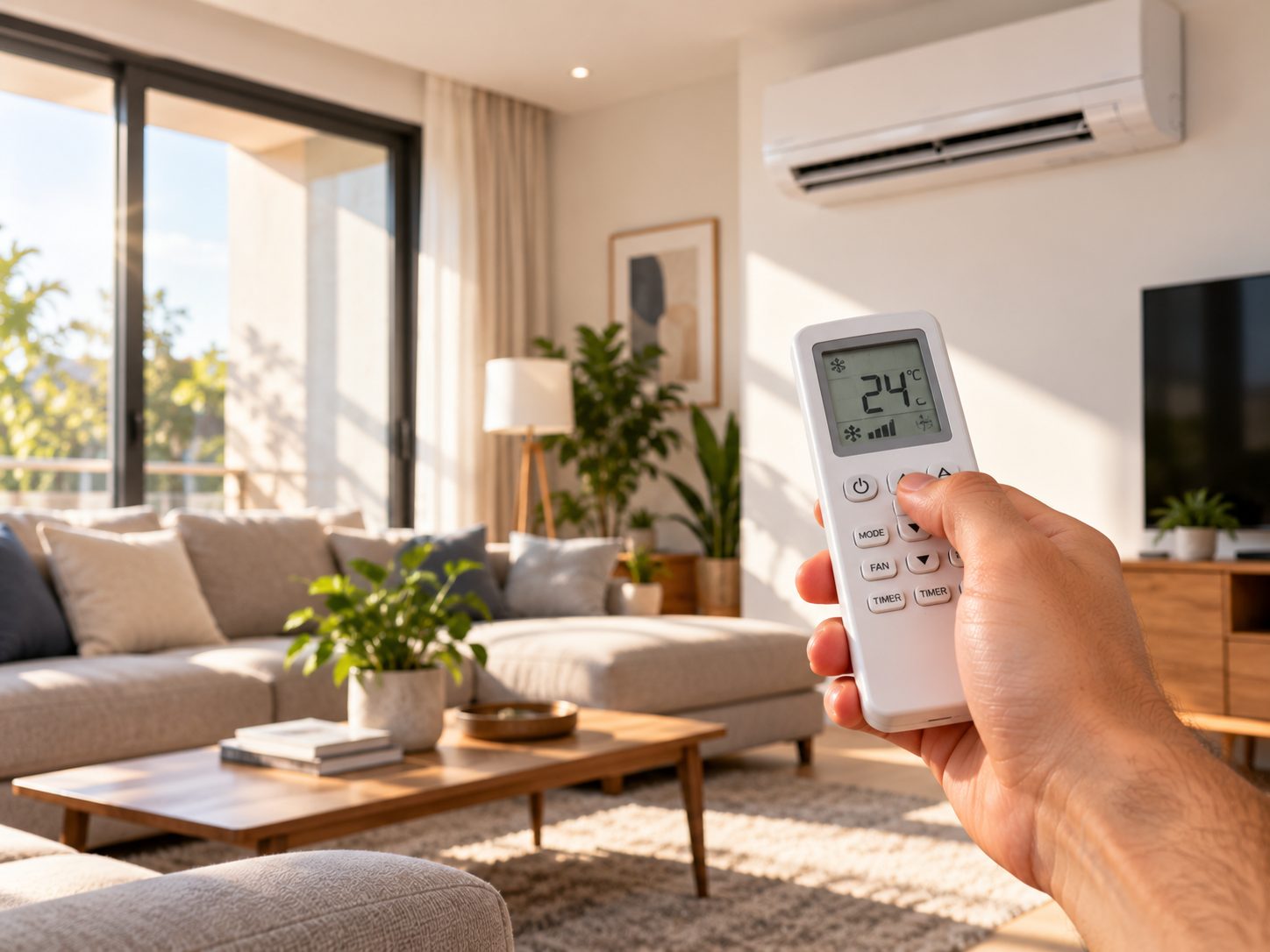 Salón residencial en Barcelona con aire acondicionado, termómetro y mando a distancia