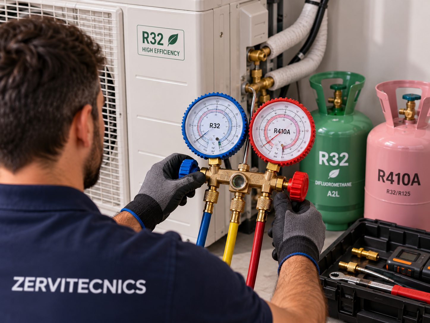 Manómetros midiendo la presión del gas refrigerante en un equipo de aire acondicionado