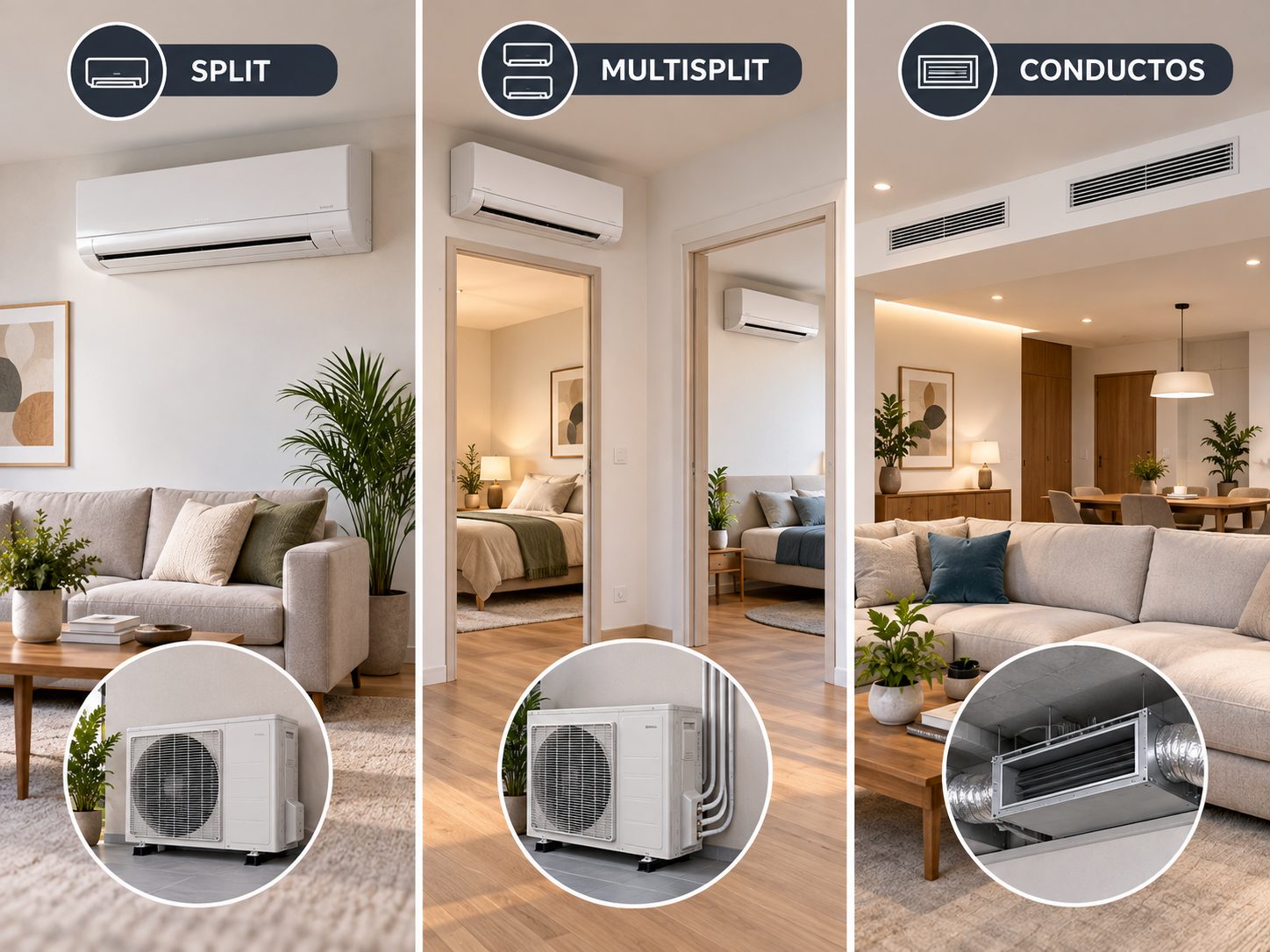 Comparativa visual de tres sistemas de climatización: split, multisplit y conductos