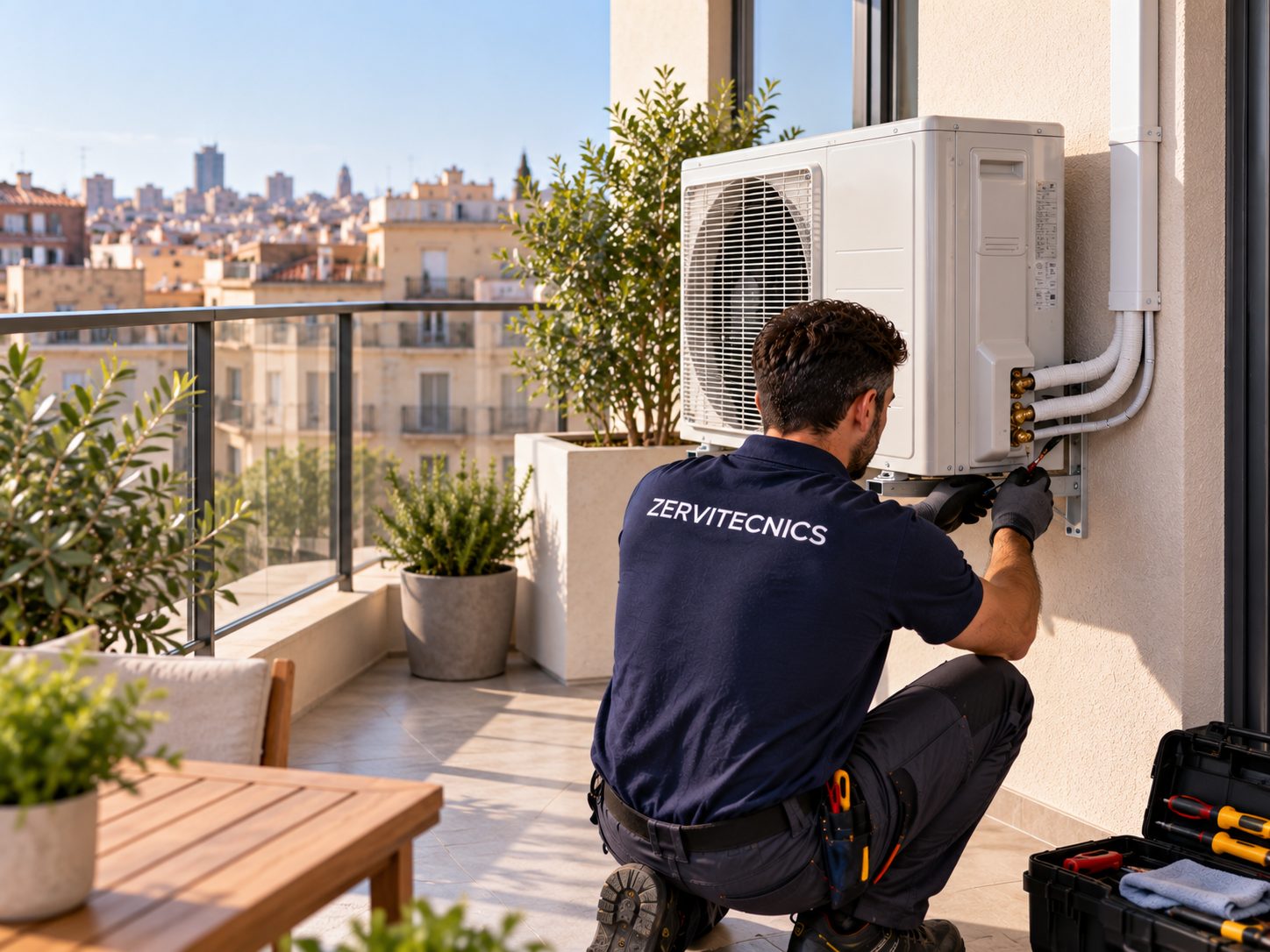 Terraza de Barcelona con la unidad exterior del aire acondicionado bien ubicada