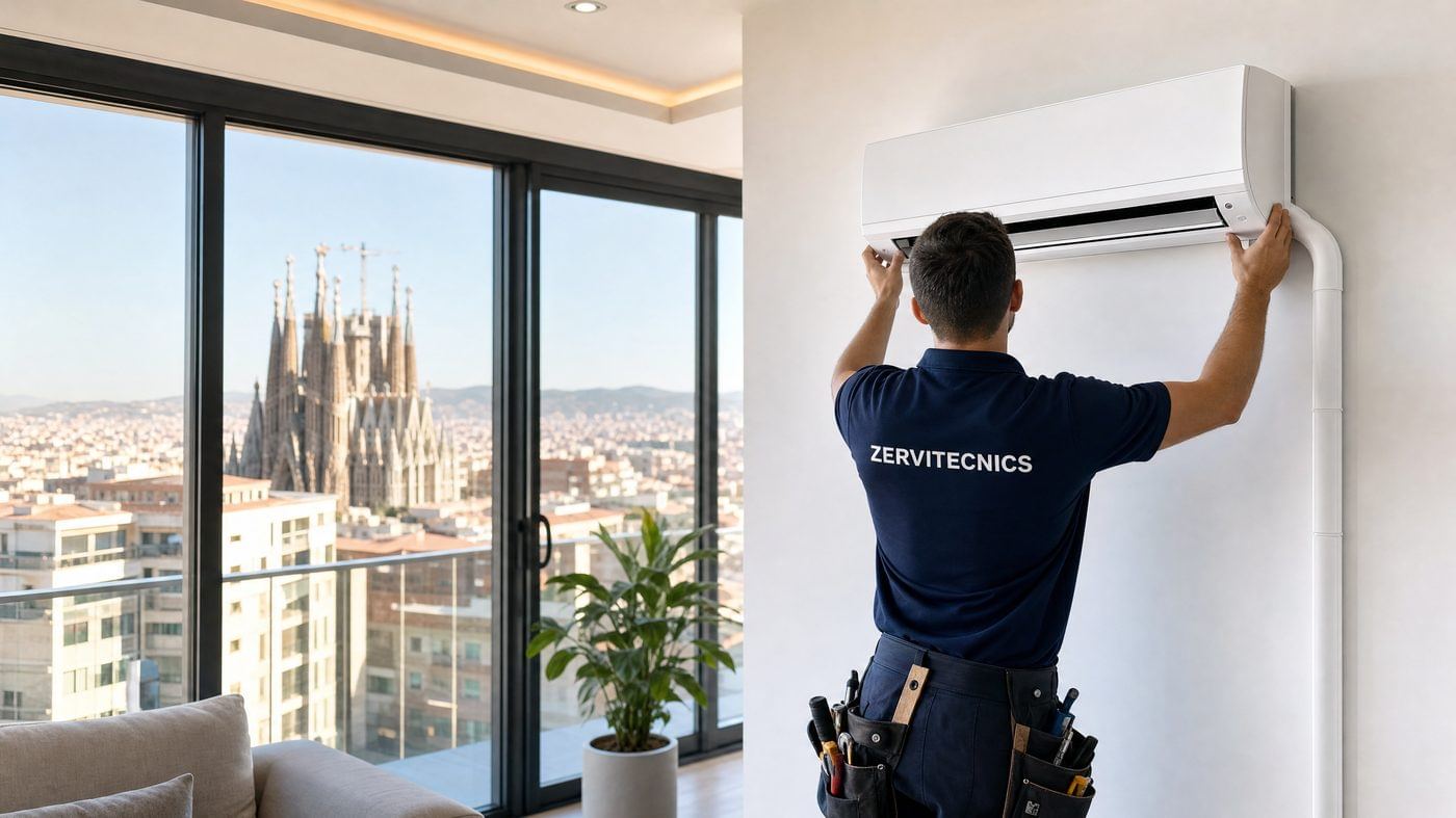 Técnico Zervitecnics instalando aire acondicionado en Barcelona