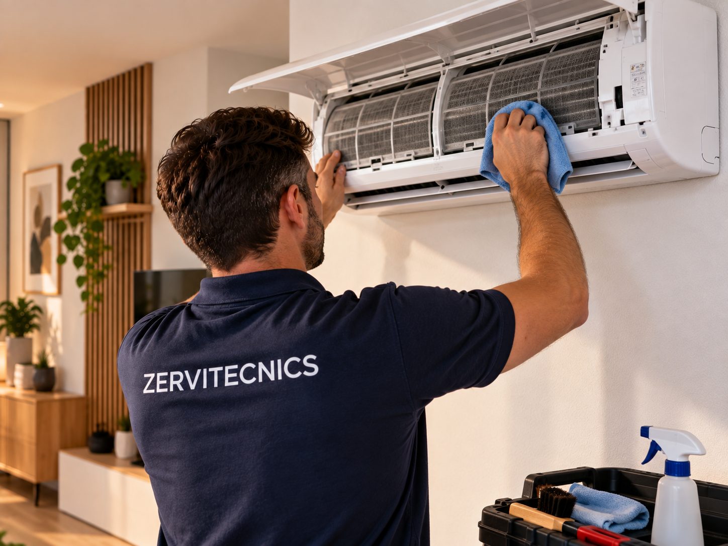 Técnico de Zervitecnics limpiando el filtro de un aire acondicionado en Barcelona