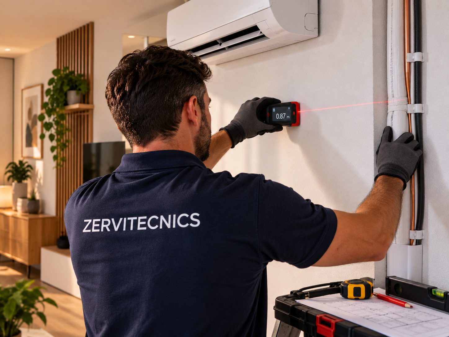 Técnico de Zervitecnics midiendo con láser antes de instalar aire acondicionado en Barcelona